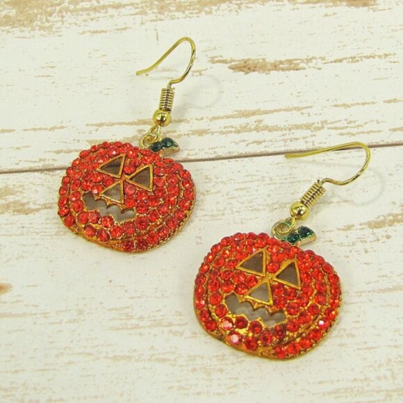 Halloween Crystal Pumpkin Earrings in all Orange Crystals and Gold Plated finish - Picture 2 of 5
